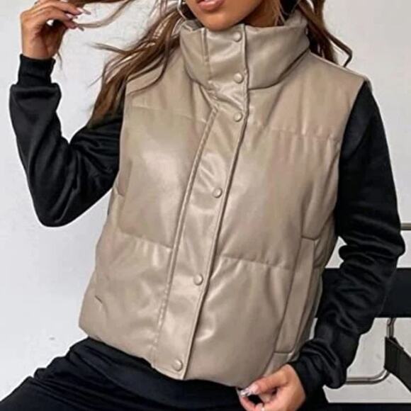 dylan Jackets & Blazers - dylan Sleeveless Faux Leather Snap Button Crop Puffer Vest Taupe Women's Size XS